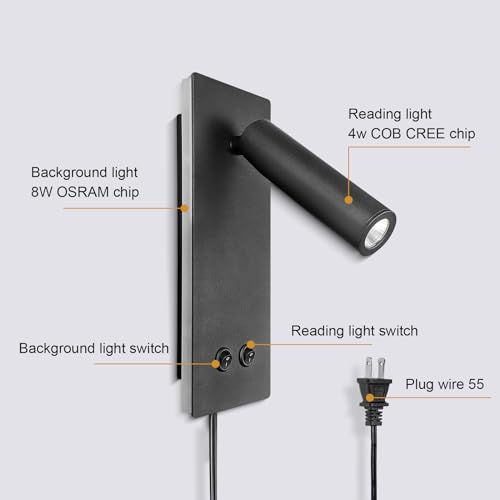 Image of LED Wall Sconce, Reading Light, Interior Bedroom Ambient Light, 2 in 1 Multifunction Bedside Plug-in Sconce, 4W+8W Night Light (Sand)