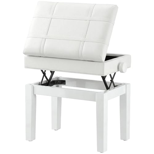 HOMCOM Banc de Piano, Banc de Clavier réglable en Hauteur en Bois Massif, Tabouret Piano avec Compartiment caché, siège rembourré polyuréthane, Stable et antidérapant, Charge 150kg, Blanc