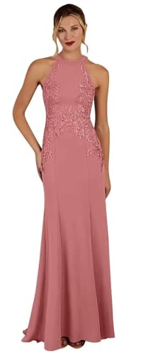 Image of KDTM Satin Lace Mother of The Bride Dresses Long Halter Sleeveless Formal Dresses for Women Wedding Guest