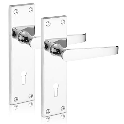 XFORT® Lever Lock Flat Polished Chrome Door Handles, Elegant Door Handle Set for Wooden Doors, Classic Victorian Straight Design, Ideal for Internal Doors That Require Key Locking Security [1 Pair]