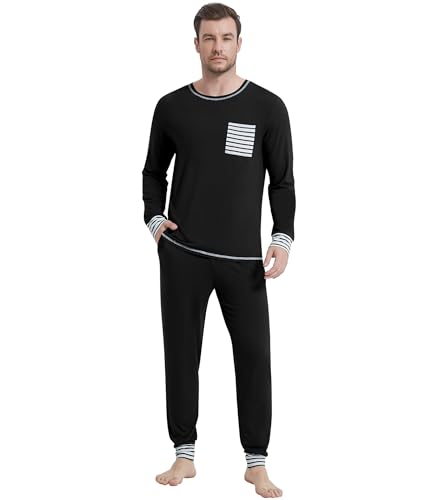 Image of NACHILA Mens Pajamas Set Long Sleeve Henley Sleepwear Top Soft Jogger Pants Pajamas Cool Pjs Set,Viscose Made from Bamboo