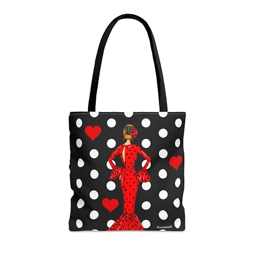 IllustrArte Bolso Tote Flamenco 43x43 cm – Diseño Flamenca “María Rojo” con Lunares – Impresión Doble Cara – Asas 60 cm – Poliéster 400 g/m² – Colección Málaga