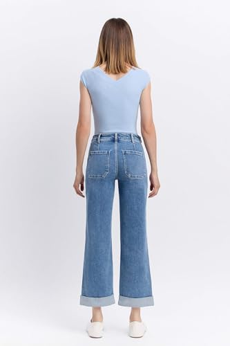 Vervet Denim - High Rise Tab Waistband Cuffed Slim Wide Jeans - T67002
