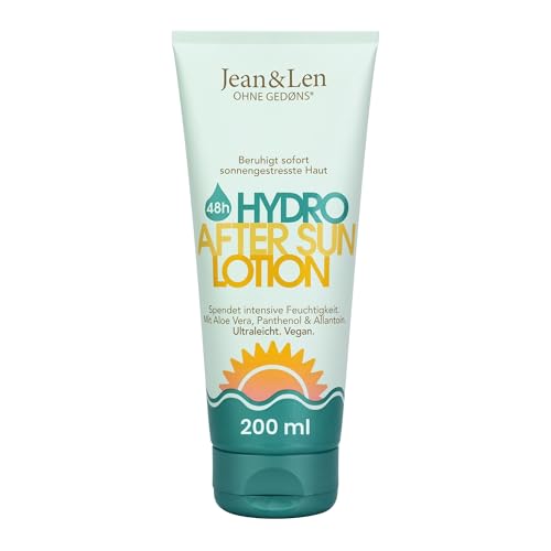 Jean & Len Lozione Doposole, per pelle esposta al sole, con Aloe Vera, Pantenolo e Allantoina, senza microplastiche, profumi o coloranti, vegana, cura doposole 200 ml
