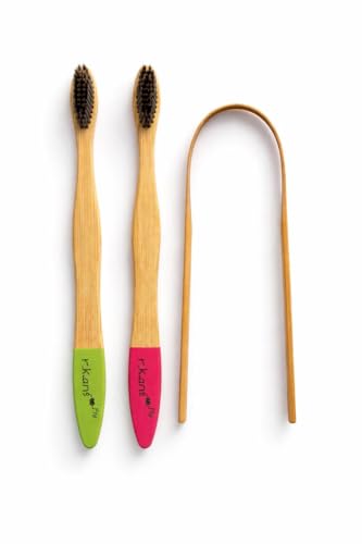 Image of R.Kant Pack of 2 Bamboo Toothbrush Combo for Adults | Green & Pink | Charcoal Infused Soft Bristles | Eco-Friendly Handle | Includes 2 Toothbrushes & 1 Bamboo Tongue Cleaner