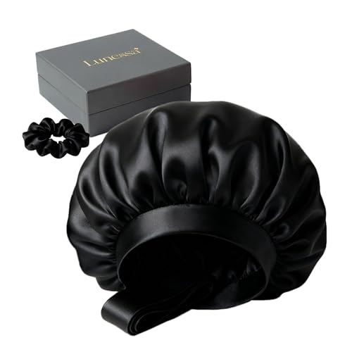 22-Momme Mulberry Silk Hair Bonnet for Sleeping + Scrunchie Included | Real Silk Frizz-Free OEKO-TEX Certified Luxury Wrap for any Hair Type | Luxury Giftable Package (Black)