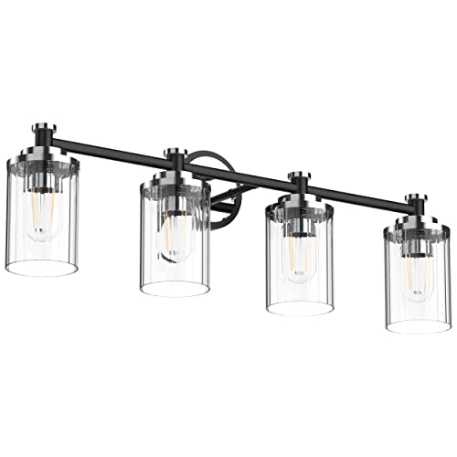Image of Bathroom Lighting Fixtures Black and Chrome Bathroom Vanity Light with Cylindrical Clear Stripes Glass Lampshade E26 Socket Base Bathroom Lighting Fixtures Over Mirror (4 Lights)