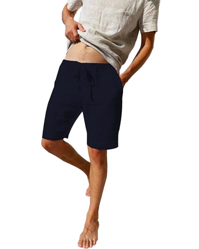 LVCBL Pantalones Cortos Sueltos de Lino Y Algodón para Hombre con Cordón Pantalones Cortos de Playa de Verano Azul Marino M