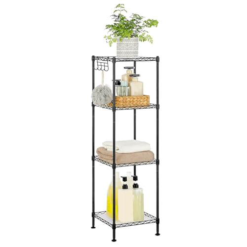 SONGMICS 4-Tier Bathroom Shelf, Storage Rack for Small Space, with 4 PP Shelf Liners, Removable Hook, Extendable Design, Ink Black and Translucent ULG