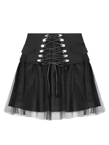 Goth Mini Tulle Lace Skater High Waist A-Line Flared Rave Skirt for Punk Rock Women