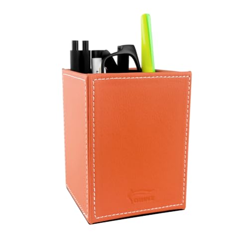 Image of Pen Pencil Holder Cup Container PU Leather Desk Organizer Stand Decor Brush Scissor Holder Decoration Office Desk Home School (Orange, 3.54 inch x 3.54 inch x 4.72 inch)