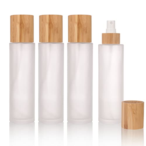 COSIDEA 4 pcs Empty5oz /150ml bamboo lid Frosted glass spray bottle with fine mist despenser head for liquid perfume toiletries containers, toner bottles