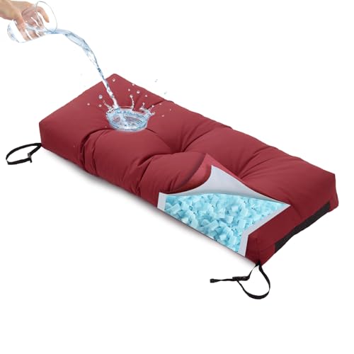 YIJIAN HOME Outdoor Bench Cushion, Blue Shredded Memory Foam, Waterproof Patio Furniture Cushion Fade Resistant Indoor Window Seat Pad 4.5inch Extra Thick with Adjustable Strap 42 x 16 Inch, Burgundy