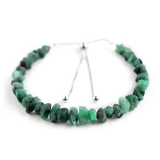 AA+ Natural Raw Emerald Gemstones Beads Bolo Bracelet, Rough Stones, 925 Sterling Silver, Rhodium Plated, Chakra Healing Crystals, May Birthstone, Adjustable Slider, Women Jewelry, Mothers Day Gifts