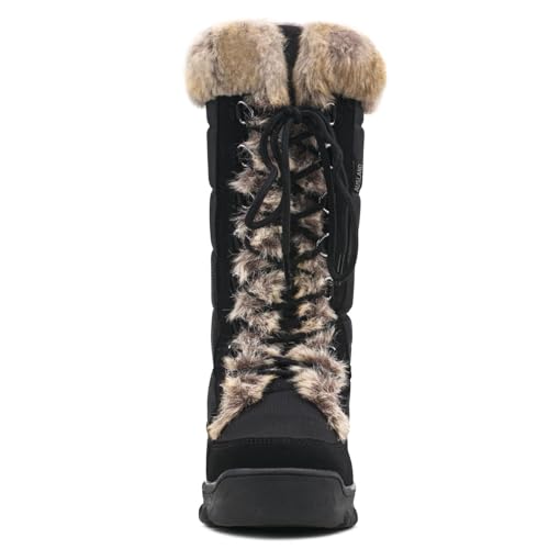 Image of AUSLAND Women's Black Winter Snow Boots Twin Peaks Fur Cuff Mid-Calf Waterproof Lace Up Boots