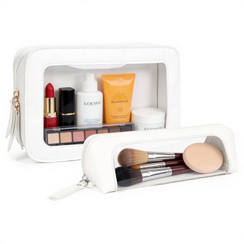 Image of LETGO 2Pack Clear Makeup Bags Set, Small Clear Makeup Bag, PU Leather Travel Makeup Brush Case Portable Transparent Waterproof Cosmetic Organizer Pouch with Zipper for Women(2Pack-White Set)