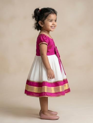Image of Baby Girls Cotton Silk Midi /Knee Length Festive /Party /Wedding Pattu Dress