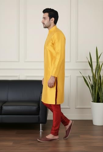 Image of Sadree Men's Silk Blend Mandrin Collor Full Sleeve Knee Length Indian Kurta Chudidar Pyjama Set