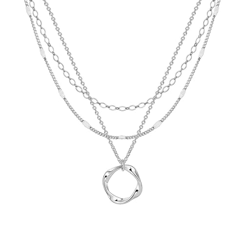 Layered Silver Necklaces for Women Sterling Silver Stackable Stack Choker Necklaces for Women Trendy Layering Circle Pendant Chain Necklace