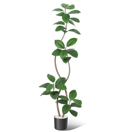 GarveeHome 6FT Artificial Plants Rubber Tree with Black Resin Pot& White Stone Faux Fiddle Leaf Fig Tree Indoor Artificial Trees Tall Plant Fake Tree Tropical Large Floor Tree Real Touch for Home Deco