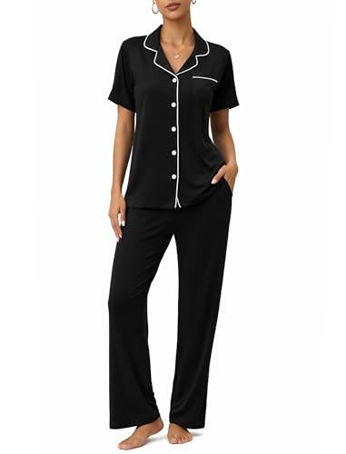 ZMJ Womens Pajamas Sets 2 Piece Lounge Set Short Sleeve Shirt with Long Pant Pj Sets Button Down Sleepwear Outfits Black L