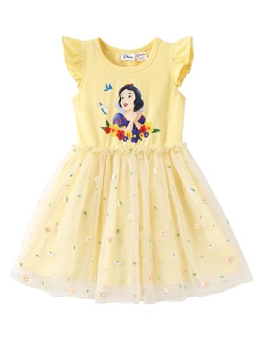 Disney Princess Snow White Toddler to Tween Girl Dresses Ruffle Short Sleeve Tutu Sparkle Tulle Skirt Summer Mesh Clothes Birthday Party Gift Casual Outfit 3D Flower Print Yellow 4-5T