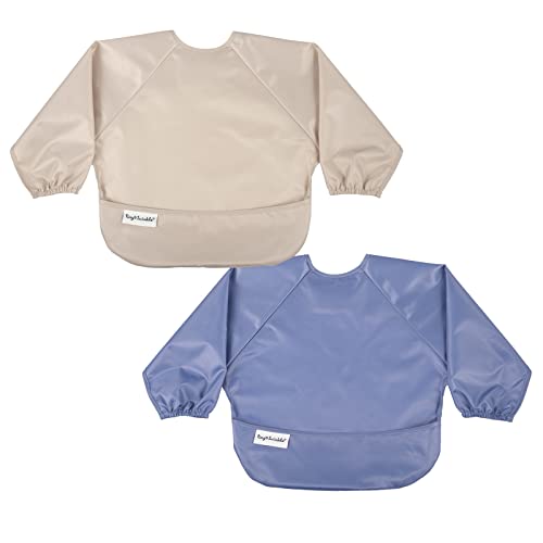 Image of Tiny Twinkle Mess Proof Baby Bibs, 2pk Waterproof Smock Baby Bibs for Eating, Machine Washable Long Sleeve Bibs, Baby Led Weaning, Toddler Bibs, BLW Supplies (Periwinkle Putty, Small 6-24 Months)