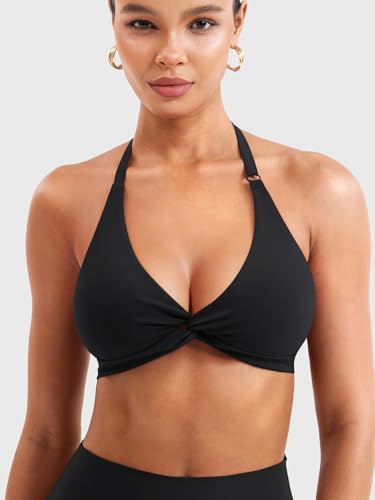 YEOREO Halter Sports Bras for Women Low Impact Removable Padded Adjustable Deep V Bra Seamless Workout Gym Crop Tops2