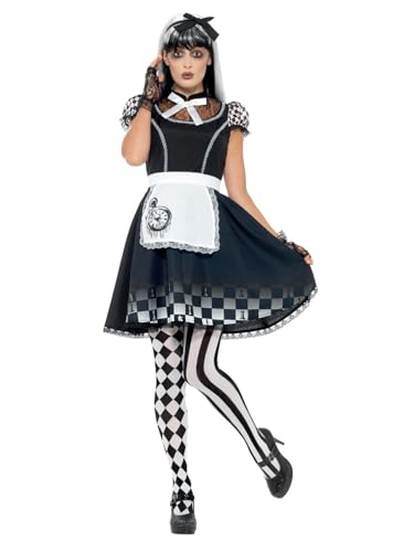 Smiffys Gothic-Alice-Kostüm, Schwarz und Weiß, mit Kleid, Schürze und Kopfschmuck Halloween