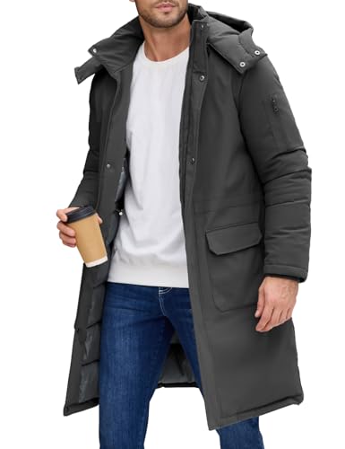 NRZD Men's Winter Long Puffer Jackets, Water-Repellent Down Parka Warm Coats Outerwear with Detachable Hood & Carry Straps(Dark Grey,L)