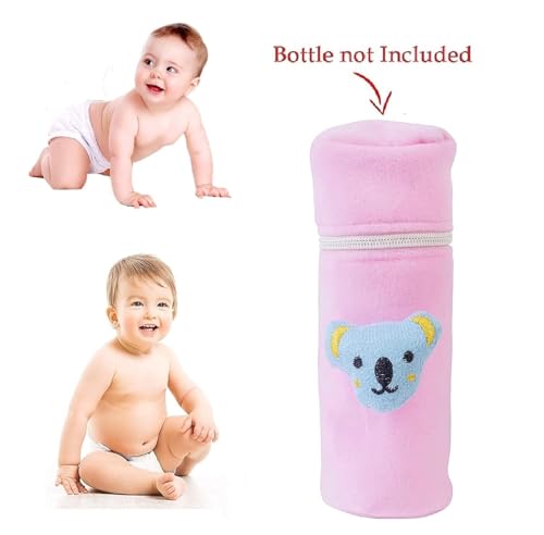 Image of Soft Plush Stretchable Baby Feeding Bottle Cover Easy to Hold Strap and Zip | Suitable for 130 ML-250 ML Feeding Bottle-Light Pink-Dark Red
