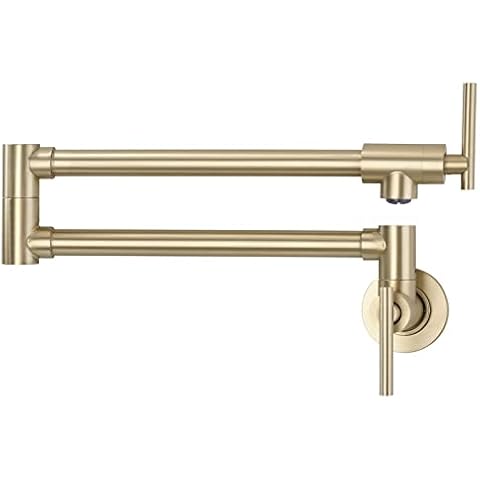 DIKUROOMS Brushed Gold Pot Filler Faucet Stainless Steel Commercial Wall Mount Kitchen Sink Faucet Folding Stretchable with Single Hole Two Handles Cover