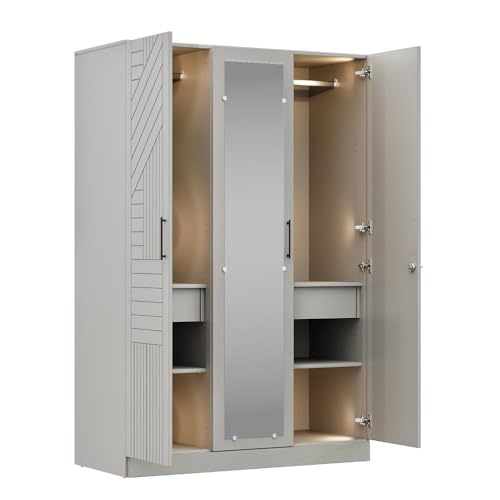 Image of Wakefit Wardrobe for Bedroom | 3 Yr Warranty | Cupboard for Bedroom, Almirah, Wooden Wardrobe, Comes with LED light, Storage Drawer, Mirror & Hanger, Density:680-750kg /m, Free Installation(Tyrian-LG)