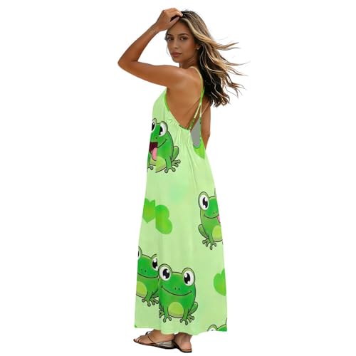 Robe longue dos nu imprimé grenouille verte vêtement été femme bretelles spaghetti décontracté