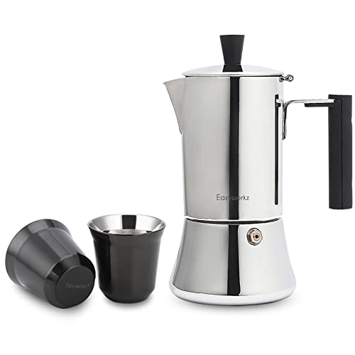 Easyworkz Pedro Stovetop Espresso Maker 200Ml, Bundled With Stainless Steel Espresso Cup 2Pcs Set Double Wall Insulated Metal Demitasse Cups, 75Ml #TOP24