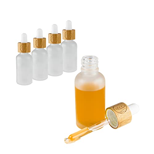 Preisvergleich Produktbild Hochwertige Glasflaschen mit Bambusdeckel aus Milchglas / Für nachhaltige DIY-Naturkosmetik / Mit Geschenkverpackung / Pipette für Kosmetik und Öle / genaue Dosierung / 5 Stück / 30ml / matt / Glas