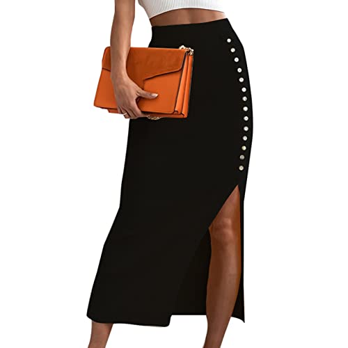 Falda de Tubo Ajustada Larga Midi para Mujer, Falda de Fibra de Poliéster de Cintura Alta, Decoración de Botones para el Trabajo, Fiesta, Compras, Ocio(M-Negro) Cover