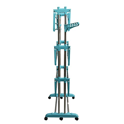 Image of CIPLA PLAST Stainless Steel Heavy Duty Double Pole 3 Layer Foldable & Movable Prince Jumbo Cloth Drying Stand for Balcony and Floor BRC-786 SS (Green)