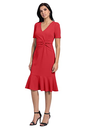 Image of London Times Women's V-Neck Dress - Flounce Hem, Twist Waist, Elegant Office & Event Wear