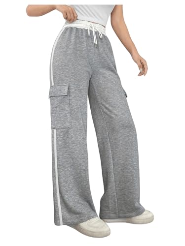 Floerns Calça de moletom feminina de cintura alta com cordão e pernas largas e bolsos, Cinza claro, M