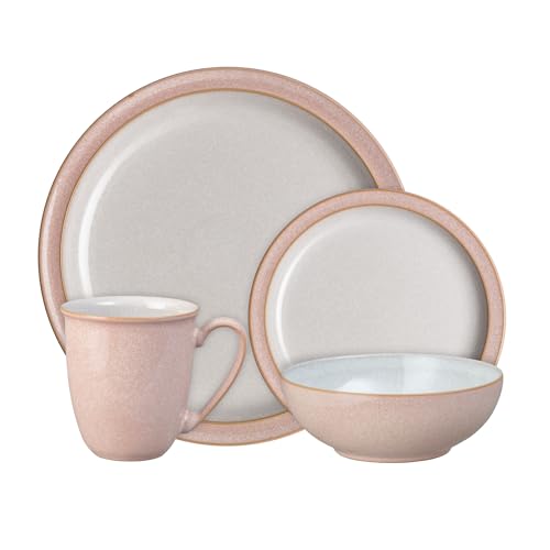Denby - Service de table Elements Sorbet rose pour 1 – 4 pièces en céramique – Passe au lave-vaisselle et au micro-ondes – 1 assiette à dîner, 1...