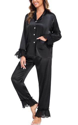 BestWendding Womens Silky Pajamas Ruffle Hem Long Sleeve Collar Shirt and Long Pants Button Up Lounge Sets with Pockets2
