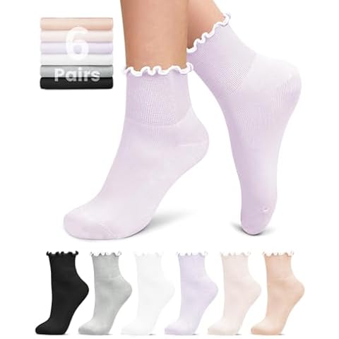 yeuG 6 Pairs Ruffle Socks Women Frilly Socks for Girl Cute Ankle Socks Colorful Cotton Lettuce Edge Socks One Size 5-9 Cover