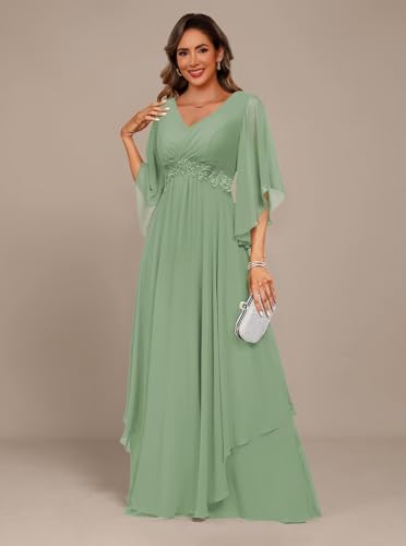 Women's 3/4 Sleeve Mother of The Bride Dresses 2025 Lace Applique Pleated Formal Party Dress DE2334