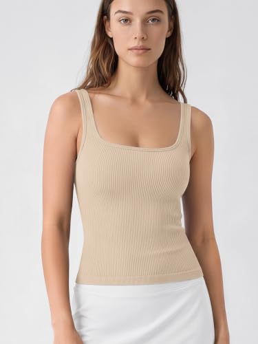 Image of ODODOS 3-Pack Seamless Square Neck Crop Tank for Women Ribbed Knit Soft Low Back Cropped Tops