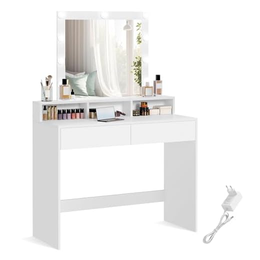 VASAGLE Dressing Table, LED Lights with Adjustable Brightness, Vanity Table with Mirror, 2 Drawers and 3 Compartments, Makeup Table, Modern, White RDT194T14 31 VASAGLE Modern White Dressing Table, LED Lights with Adjustable Brightness, Vanity with Mirror, 2 Drawers and 3 Compartments