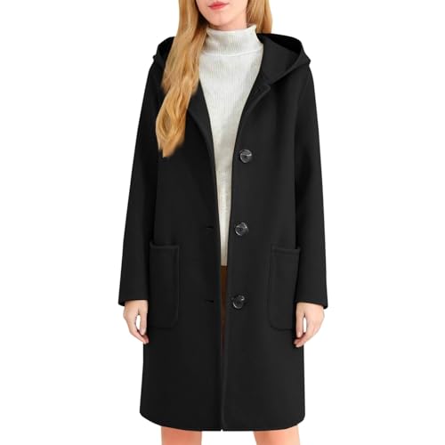 Genérico Abrigo informal con capucha talla grande para invierno cálido manga larga uso diario color liso botones tipo túnica bolsillos chaqueta abrigo (Black, S)