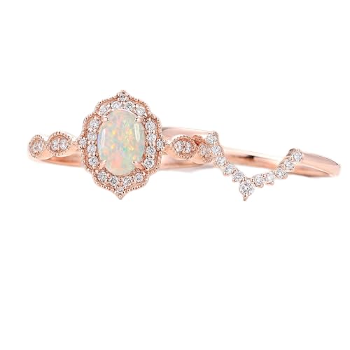 Opal Wedding Ring Sets for Women 1 Carat Oval Opal Bridal Ring Set S925 10k 14k 18k Unique Opal Jewelry3