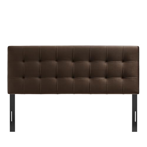 Image of Modway Lily Performance Velvet Full Size Headboard with Biscuit Tufting in Chocolate Brown - Stain-Resistant Upholstery with Padded Design and 5 Height-Adjustable Mounts