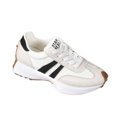 Women's Fashion Thick Sole Sneakers, Breathable Walking Shoes, Comfortable Support, Casual Textile Upper, Rubber Sole, All Seasons (White,7)